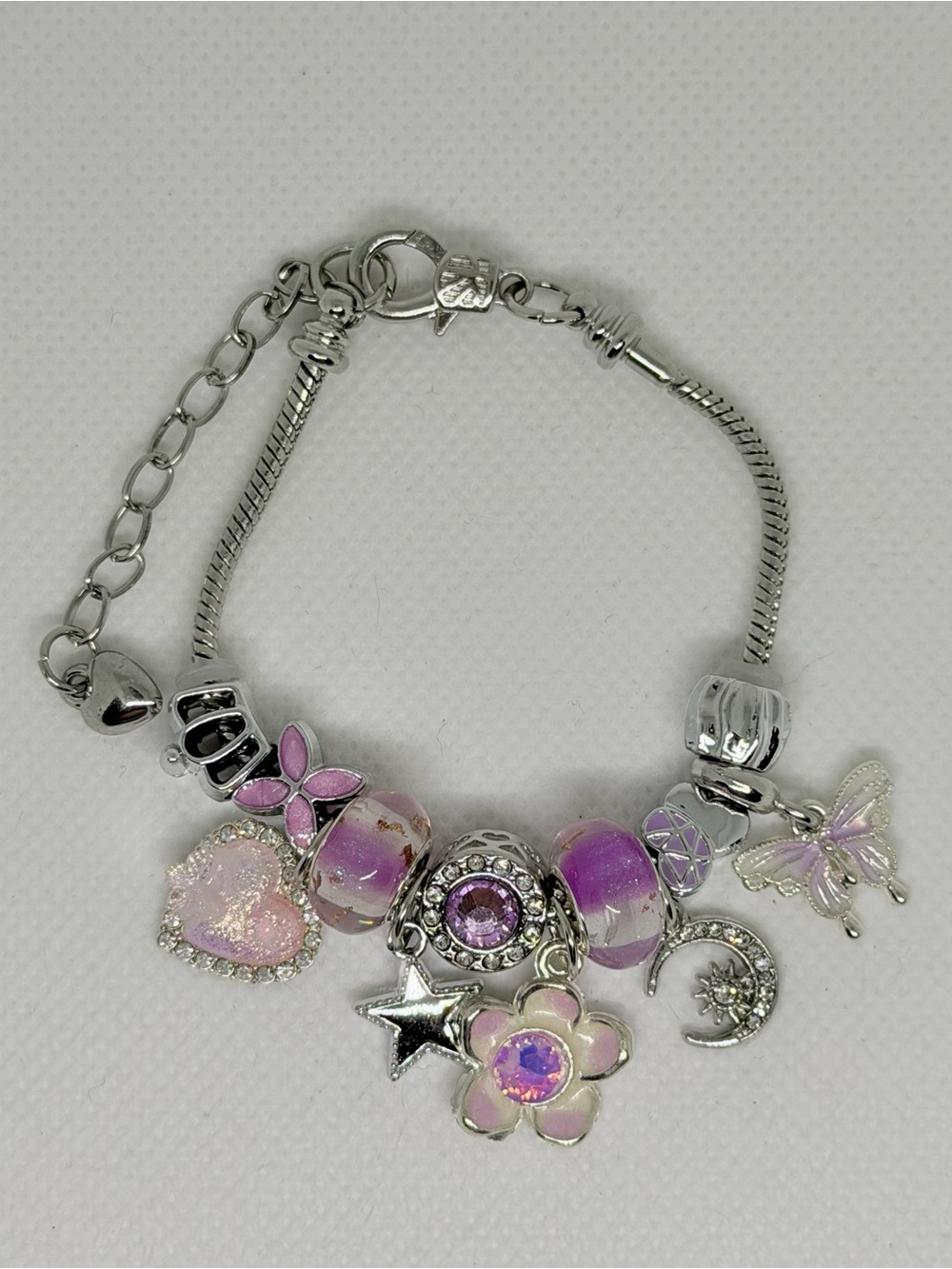Silver-Tone Purple Charm Bracelet with Pink Accents
